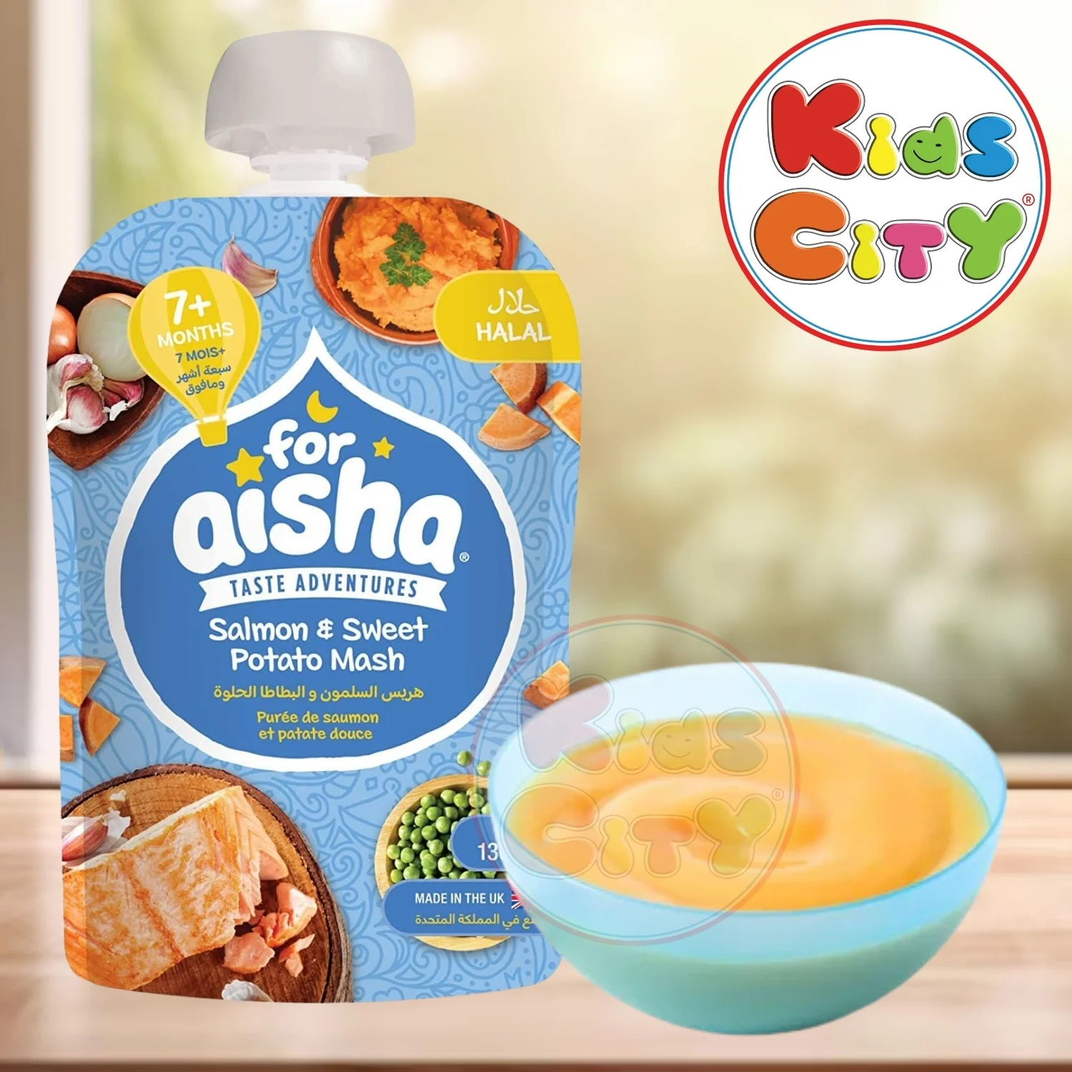 For Aisha Baby Food Pouch, Salmon & Sweet Potato Mash with Garden Peas (7m+) - 130g